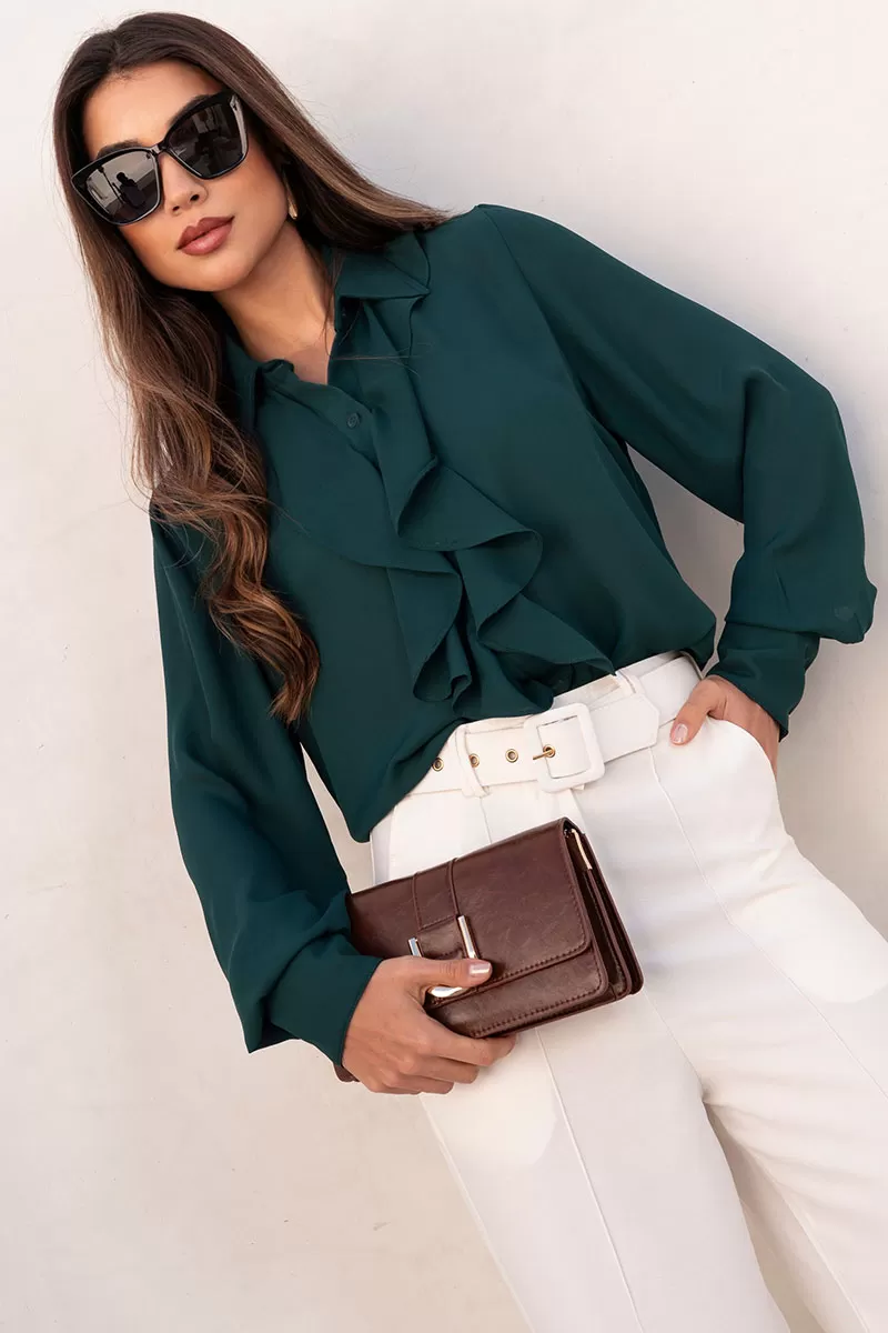 Miss Misses - Aghata Crepe Frill Shirt With Long Sleeve Button Green - 54560023 Miss Misses - Aghata Crepe Frill Shirt With Long Sleeve Button Green - 54560023