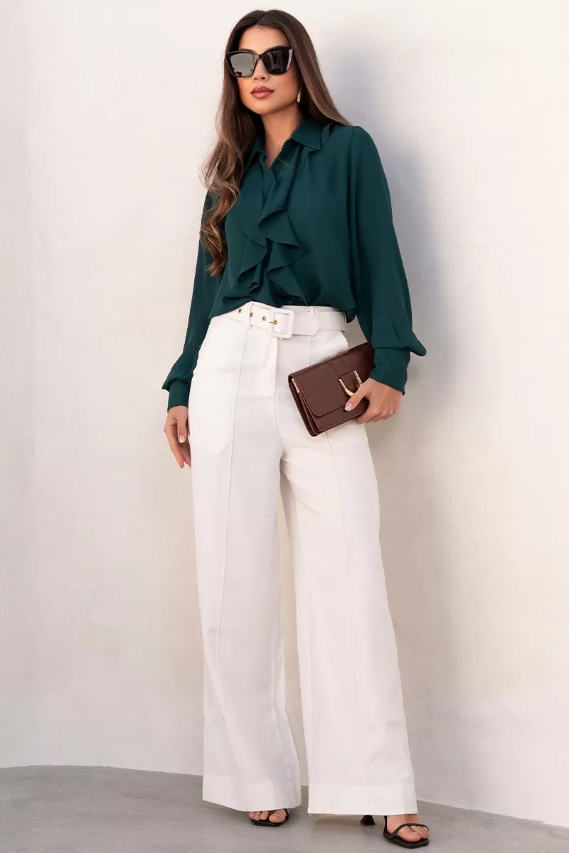 Miss Misses - Aghata Crepe Frill Shirt With Long Sleeve Button Green - 54560023 Miss Misses - Aghata Crepe Frill Shirt With Long Sleeve Button Green - 54560023
