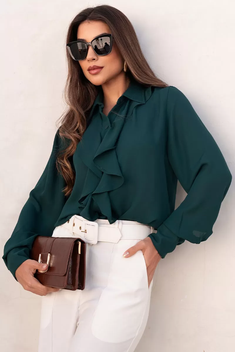 Miss Misses - Aghata Crepe Frill Shirt With Long Sleeve Button Green - 54560023