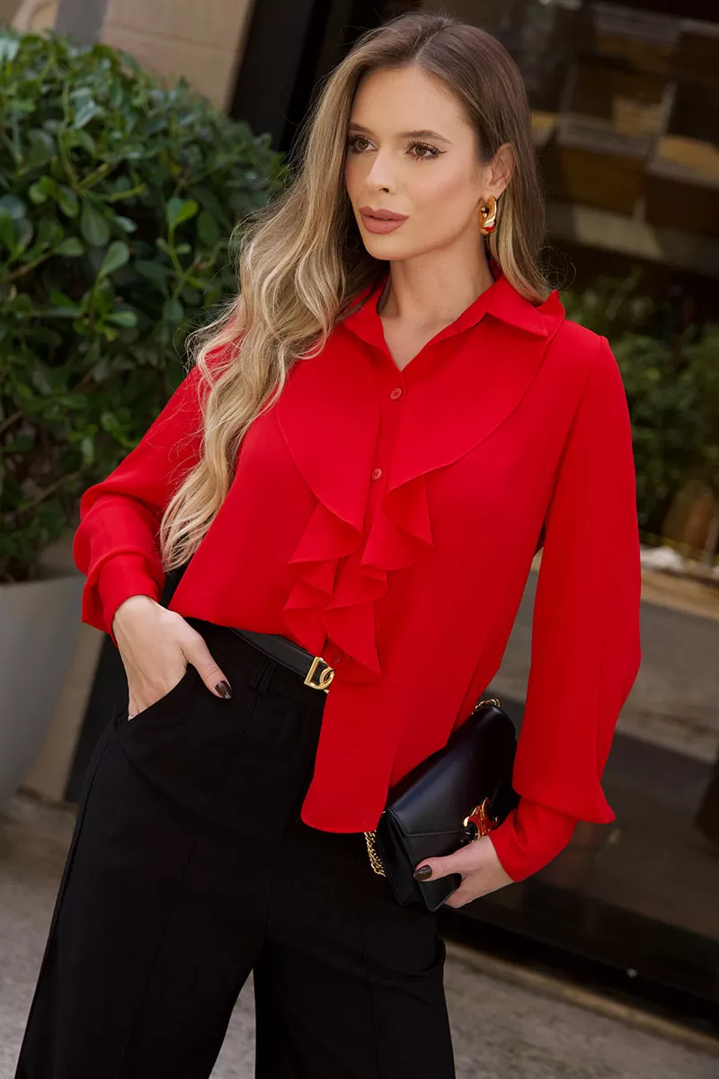 Miss Misses - Aghata Crepe Shirt with Frill and Button Long Sleeve Red - 54560024 Miss Misses - Aghata Crepe Shirt with Frill and Button Long Sleeve Red - 54560024