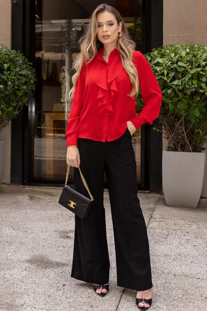 Miss Misses - Aghata Crepe Shirt with Frill and Button Long Sleeve Red - 54560024 Miss Misses - Aghata Crepe Shirt with Frill and Button Long Sleeve Red - 54560024