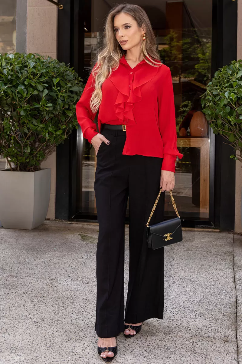Miss Misses - Aghata Crepe Shirt with Frill and Button Long Sleeve Red - 54560024 Miss Misses - Aghata Crepe Shirt with Frill and Button Long Sleeve Red - 54560024