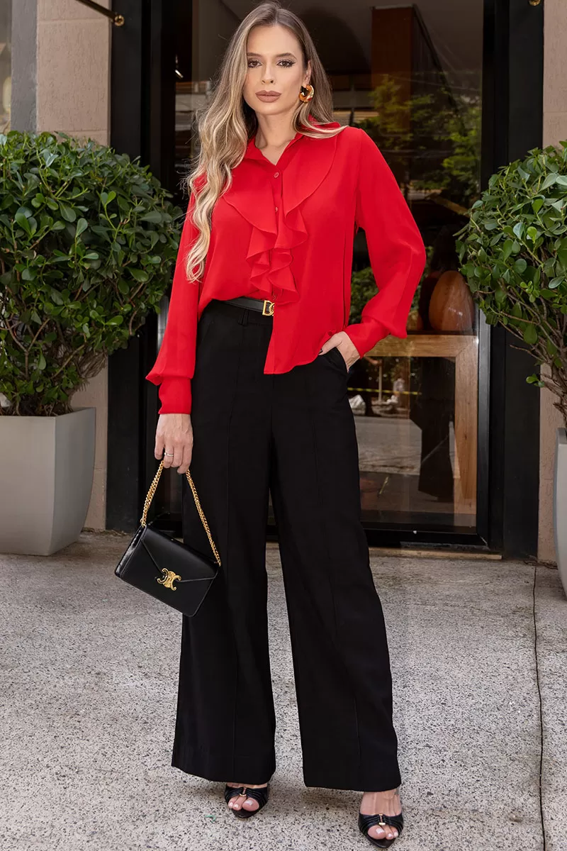 Miss Misses - Aghata Crepe Shirt with Frill and Button Long Sleeve Red - 54560024 Miss Misses - Aghata Crepe Shirt with Frill and Button Long Sleeve Red - 54560024