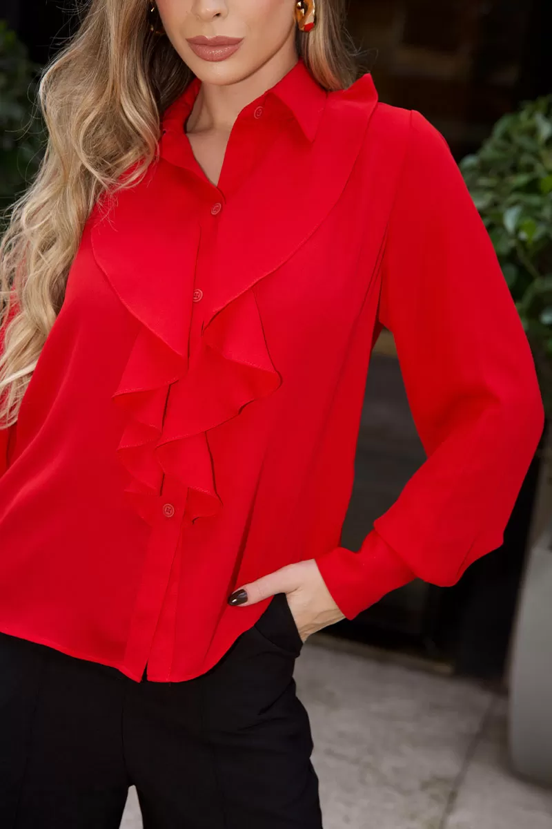 Miss Misses - Aghata Crepe Shirt with Frill and Button Long Sleeve Red - 54560024 Miss Misses - Aghata Crepe Shirt with Frill and Button Long Sleeve Red - 54560024