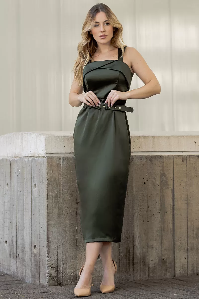 Miss Misses - Pieta Midi Satin Dress with Green Belt - 54579023 Miss Misses - Pieta Midi Satin Dress with Green Belt - 54579023