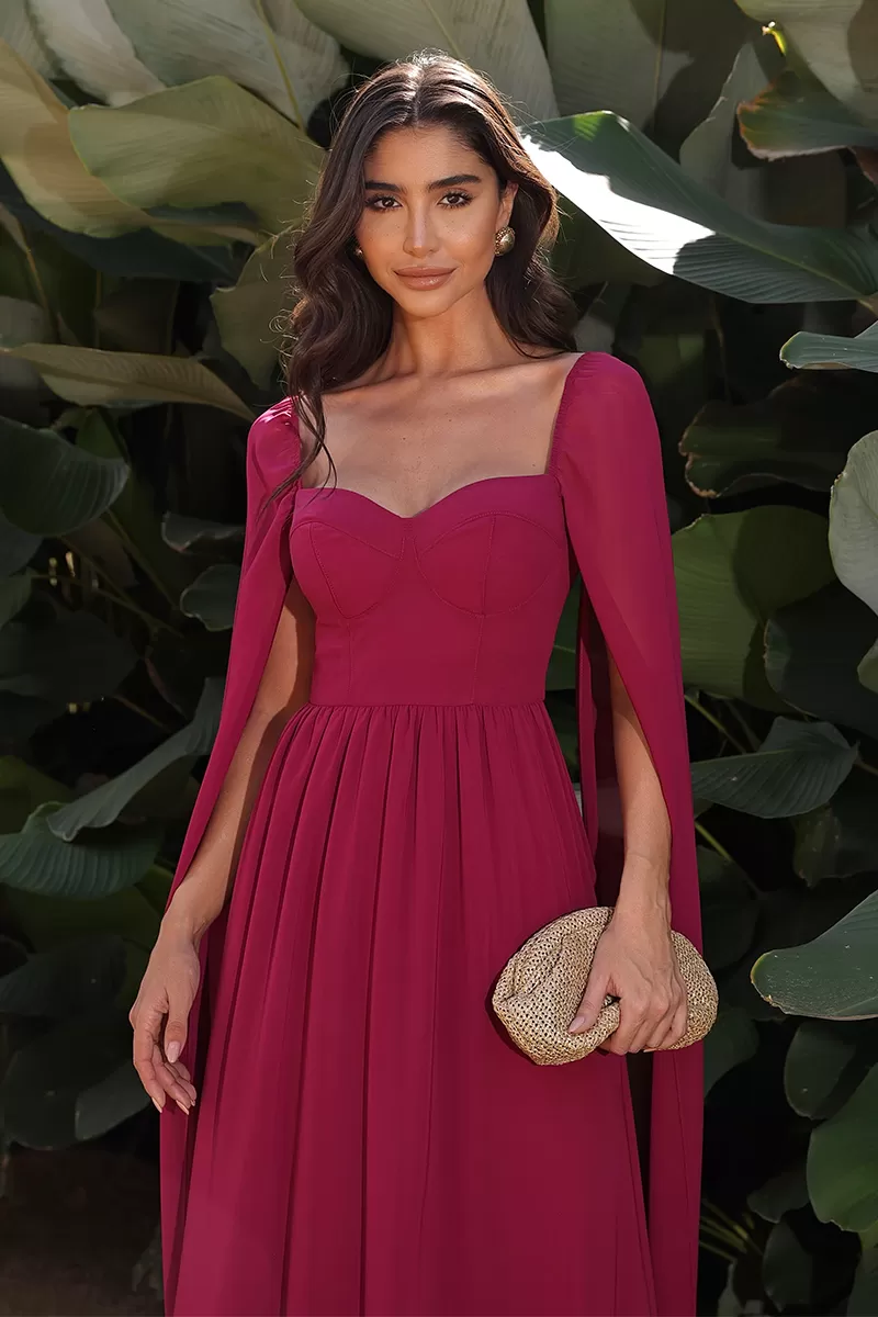 Dot Clothing - Dot Clothing Long Dress Cherry Cape Sleeve - 2046CEREJA Dot Clothing - Dot Clothing Long Dress Cherry Cape Sleeve - 2046CEREJA