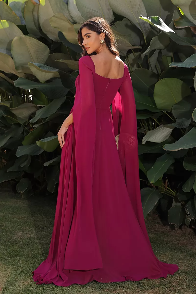 Dot Clothing - Dot Clothing Long Dress Cherry Cape Sleeve - 2046CEREJA Dot Clothing - Dot Clothing Long Dress Cherry Cape Sleeve - 2046CEREJA