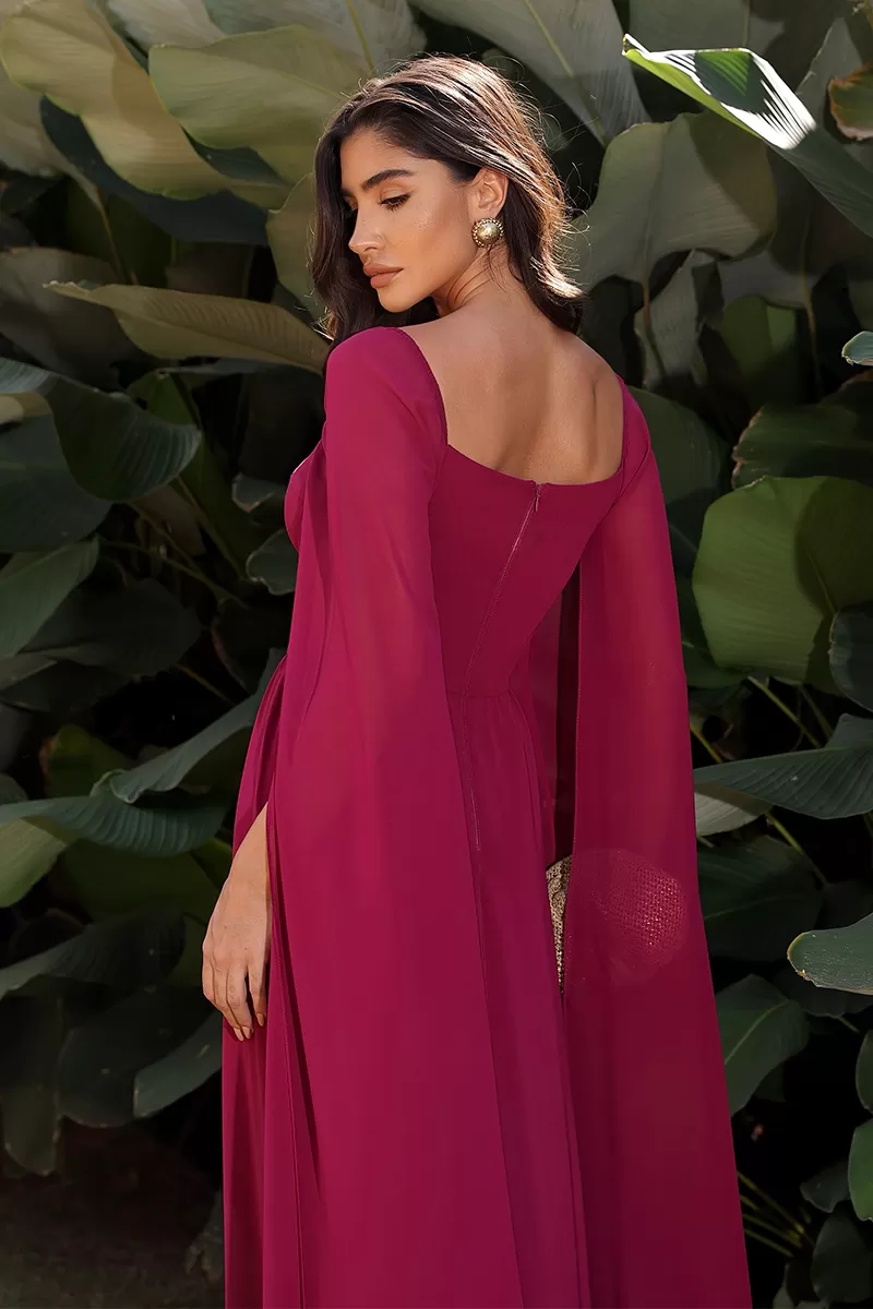 Dot Clothing - Dot Clothing Long Dress Cherry Cape Sleeve - 2046CEREJA Dot Clothing - Dot Clothing Long Dress Cherry Cape Sleeve - 2046CEREJA