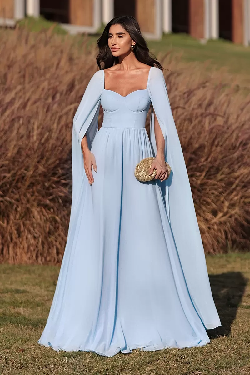 Dot Clothing - Dot Clothing Long Dress Light Blue Cape Sleeve - 2046AZUL