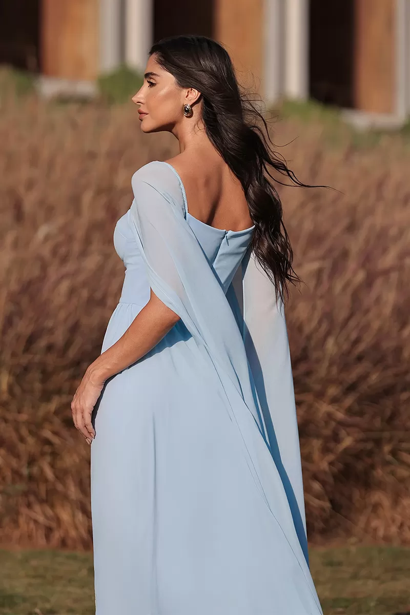 Dot Clothing - Dot Clothing Long Dress Light Blue Cape Sleeve - 2046AZUL Dot Clothing - Dot Clothing Long Dress Light Blue Cape Sleeve - 2046AZUL