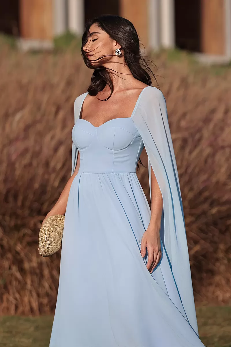 Dot Clothing - Dot Clothing Long Dress Light Blue Cape Sleeve - 2046AZUL Dot Clothing - Dot Clothing Long Dress Light Blue Cape Sleeve - 2046AZUL
