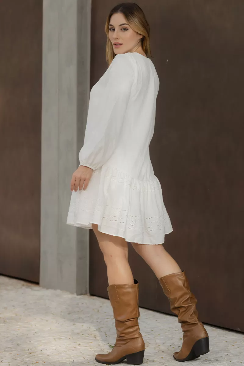 Miss Misses - Eloa Long Sleeve Dress with frill needlework Off White - 54588030 Miss Misses - Eloa Long Sleeve Dress with frill needlework Off White - 54588030