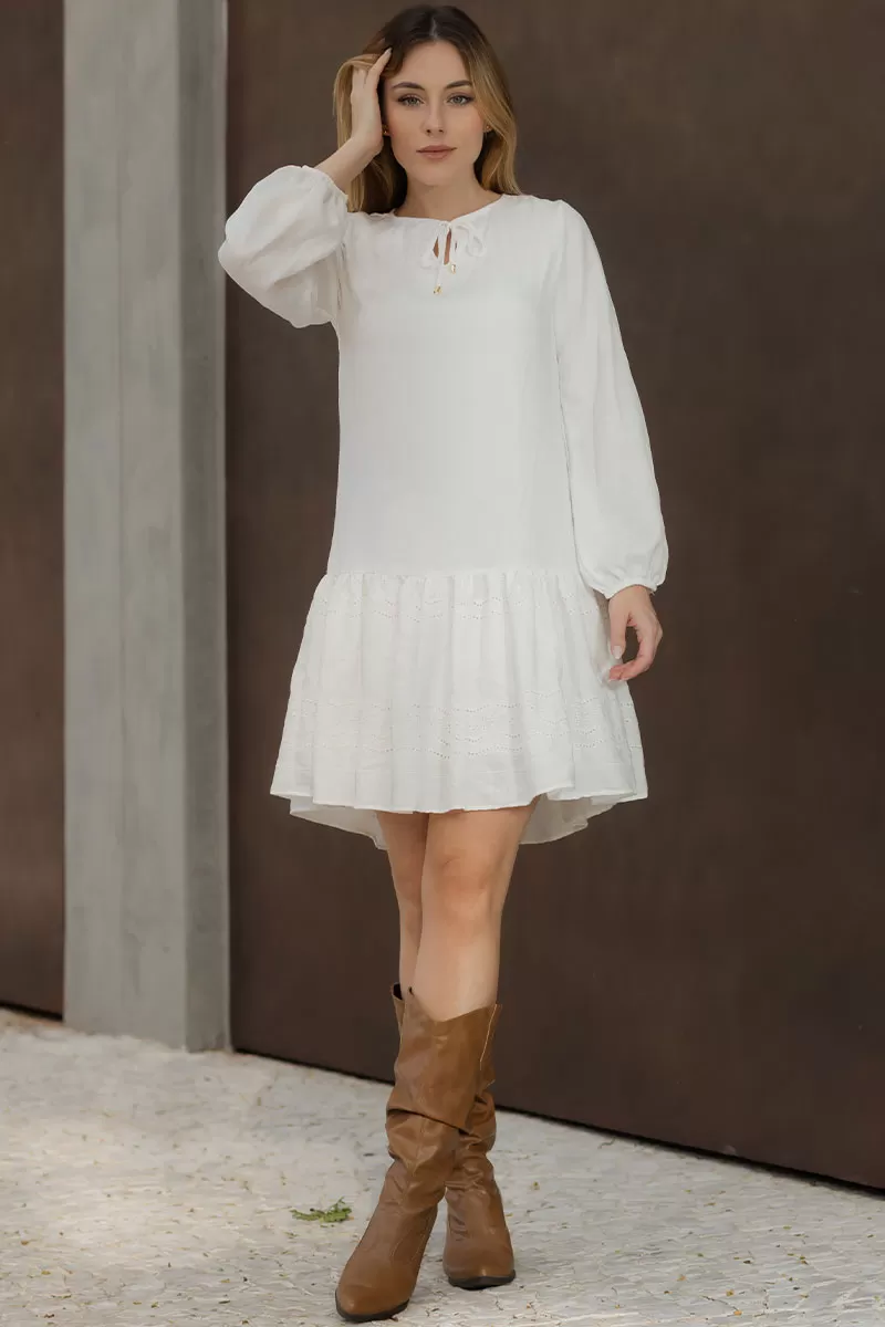 Miss Misses - Eloa Long Sleeve Dress with frill needlework Off White - 54588030