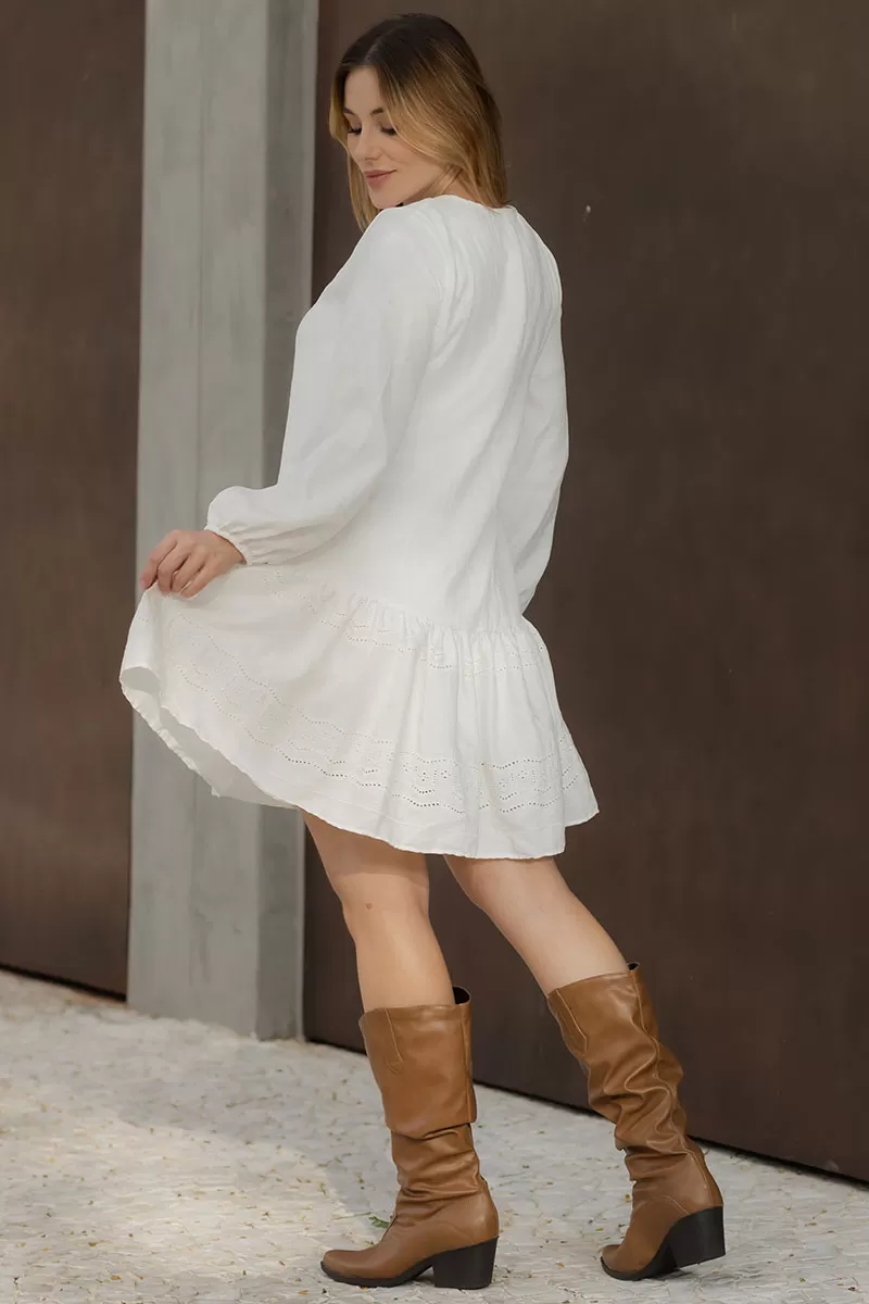 Miss Misses - Eloa Long Sleeve Dress with frill needlework Off White - 54588030 Miss Misses - Eloa Long Sleeve Dress with frill needlework Off White - 54588030