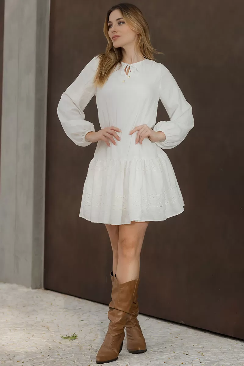 Miss Misses - Eloa Long Sleeve Dress with frill needlework Off White - 54588030 Miss Misses - Eloa Long Sleeve Dress with frill needlework Off White - 54588030