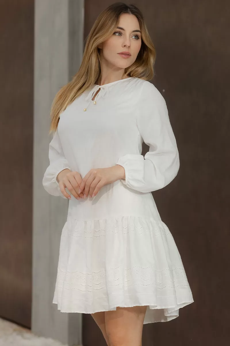 Miss Misses - Eloa Long Sleeve Dress with frill needlework Off White - 54588030 Miss Misses - Eloa Long Sleeve Dress with frill needlework Off White - 54588030