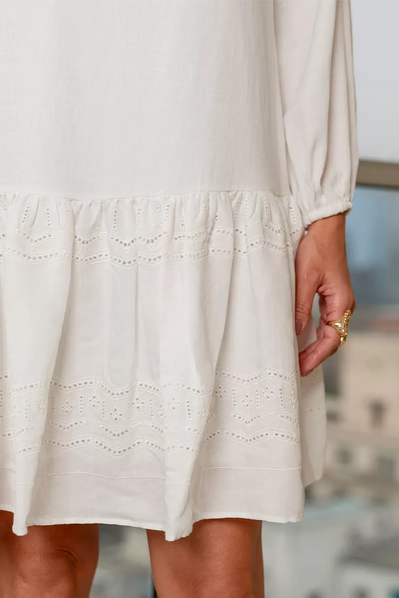 Miss Misses - Eloa Long Sleeve Dress with frill needlework Off White - 54588030