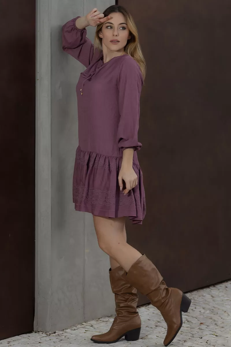 Miss Misses - Eloa Long Sleeve Frill Needlework Grape Dress - 54588203 Miss Misses - Eloa Long Sleeve Frill Needlework Grape Dress - 54588203