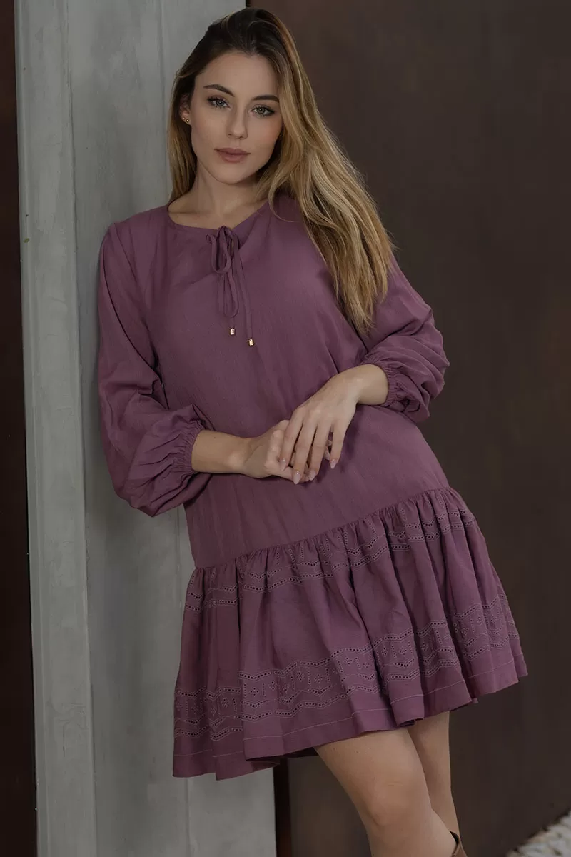 Miss Misses - Eloa Long Sleeve Frill Needlework Grape Dress - 54588203 Miss Misses - Eloa Long Sleeve Frill Needlework Grape Dress - 54588203