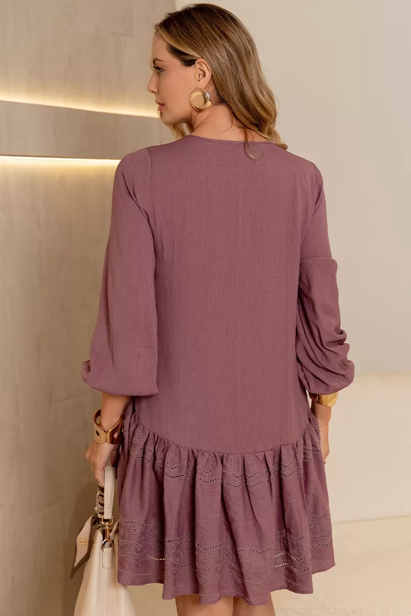 Miss Misses - Eloa Long Sleeve Frill Needlework Grape Dress - 54588203 Miss Misses - Eloa Long Sleeve Frill Needlework Grape Dress - 54588203