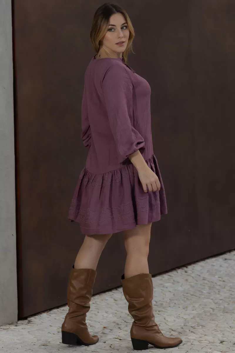 Miss Misses - Eloa Long Sleeve Frill Needlework Grape Dress - 54588203 Miss Misses - Eloa Long Sleeve Frill Needlework Grape Dress - 54588203