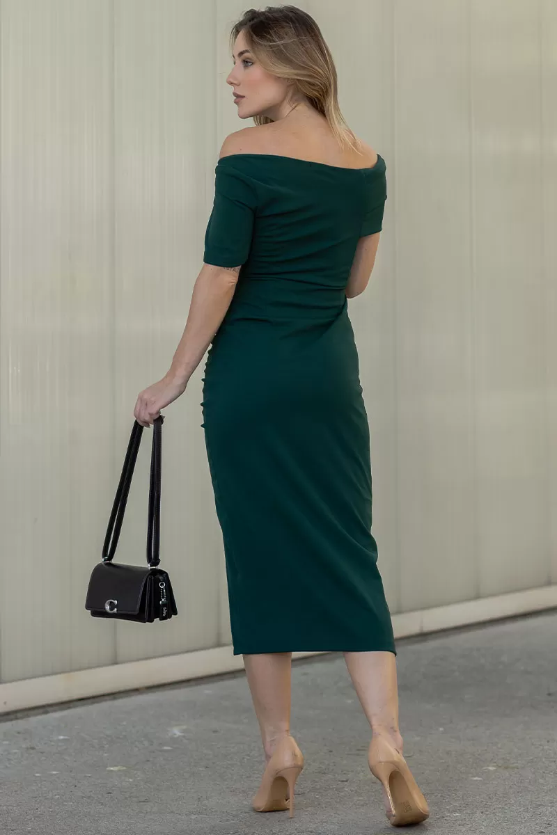 Miss Misses - Elisangela Off-the-Shoulder Ruched Dress with Zipper in Green - 54567023 Miss Misses - Elisangela Off-the-Shoulder Ruched Dress with Zipper in Green - 54567023