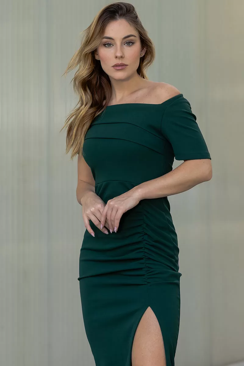 Miss Misses - Elisangela Off-the-Shoulder Ruched Dress with Zipper in Green - 54567023 Miss Misses - Elisangela Off-the-Shoulder Ruched Dress with Zipper in Green - 54567023