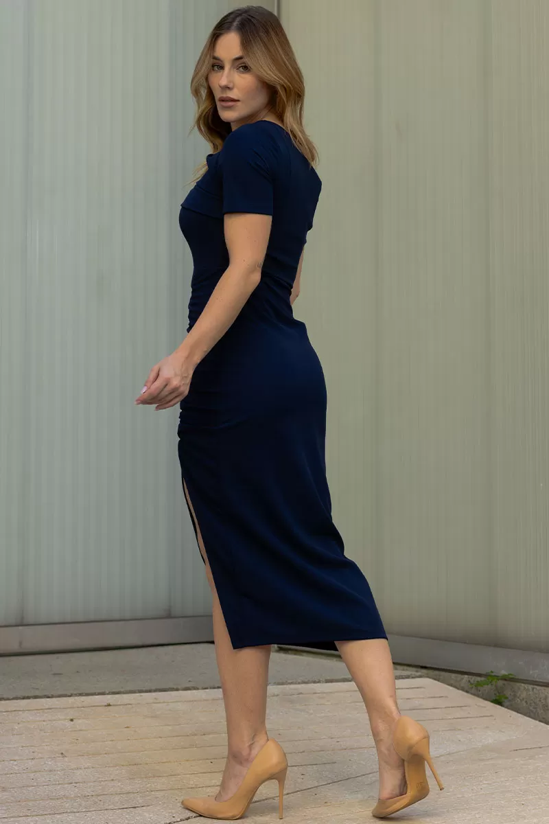 Miss Misses - Elisangela Off-the-Shoulder Ruched Dress with Zipper in Navy Blue - 54567004 Miss Misses - Elisangela Off-the-Shoulder Ruched Dress with Zipper in Navy Blue - 54567004