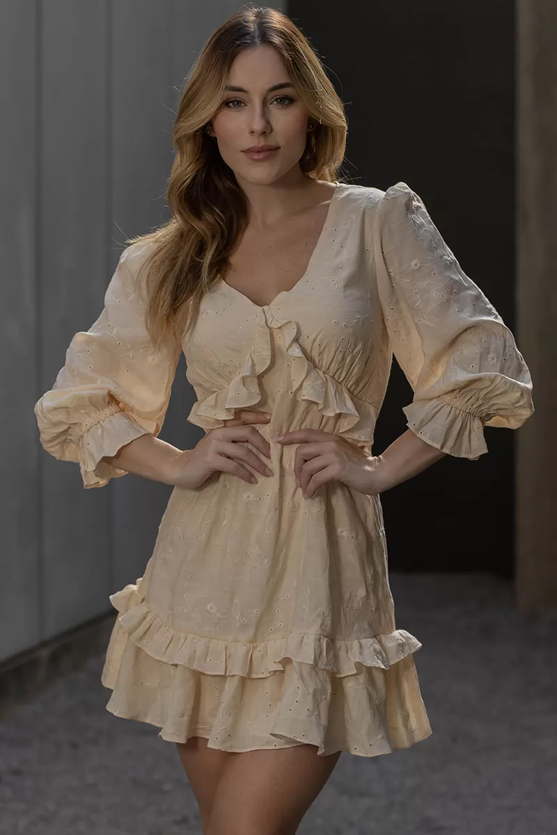 Miss Misses - Dandara needlework dress 3/4 sleeve with frill Beige - 54568215 Miss Misses - Dandara needlework dress 3/4 sleeve with frill Beige - 54568215