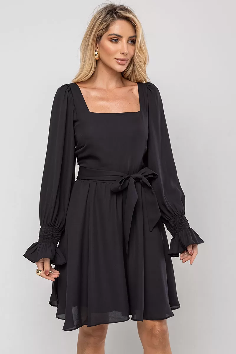 Miss Misses - Hortensia Short Crepe Long Sleeve Dress with Black Belt - 54570001 Miss Misses - Hortensia Short Crepe Long Sleeve Dress with Black Belt - 54570001
