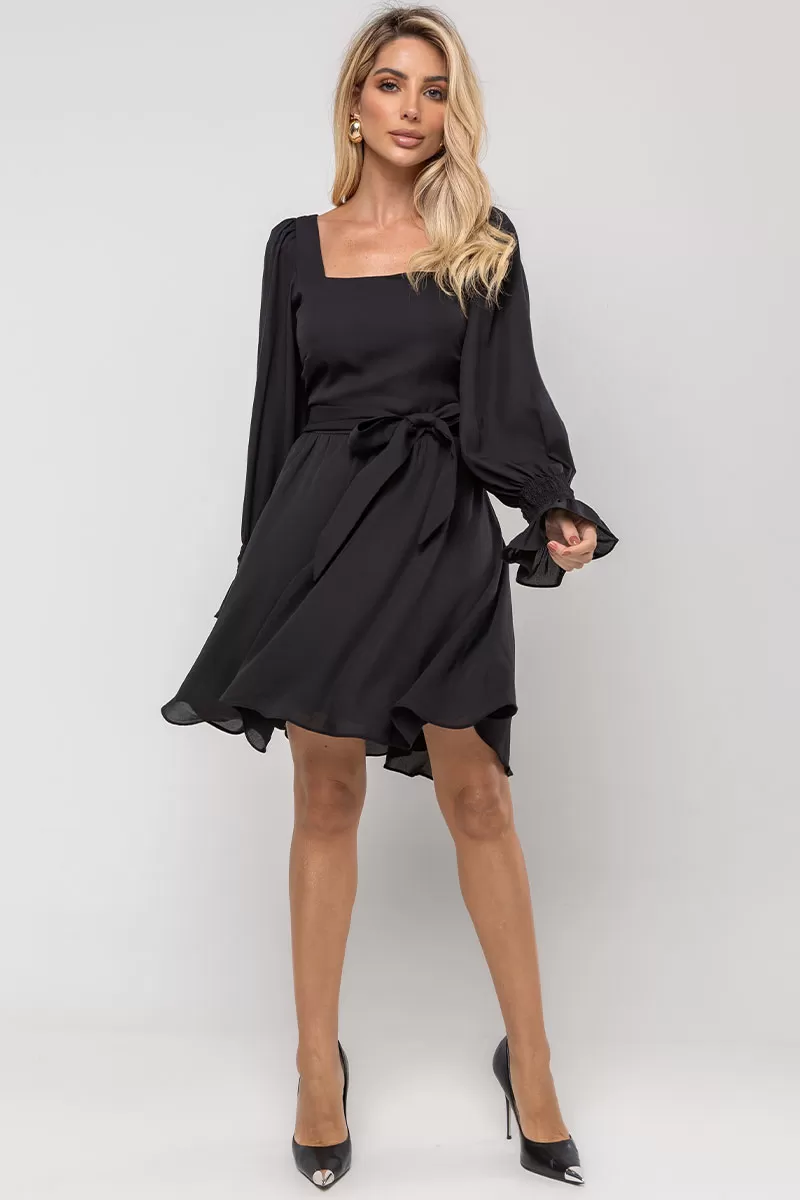 Miss Misses - Hortensia Short Crepe Long Sleeve Dress with Black Belt - 54570001 Miss Misses - Hortensia Short Crepe Long Sleeve Dress with Black Belt - 54570001