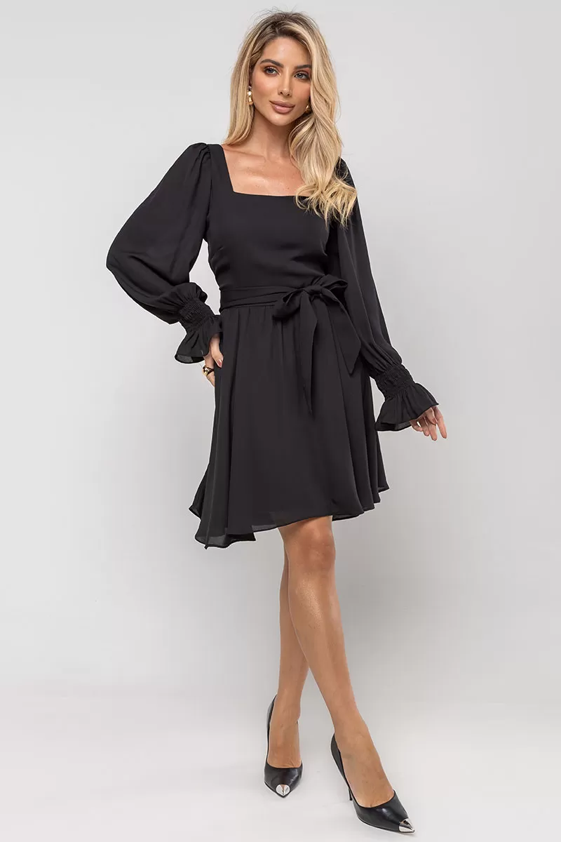 Miss Misses - Hortensia Short Crepe Long Sleeve Dress with Black Belt - 54570001 Miss Misses - Hortensia Short Crepe Long Sleeve Dress with Black Belt - 54570001