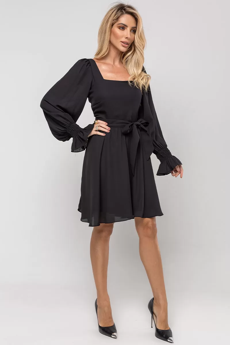 Miss Misses - Hortensia Short Crepe Long Sleeve Dress with Black Belt - 54570001