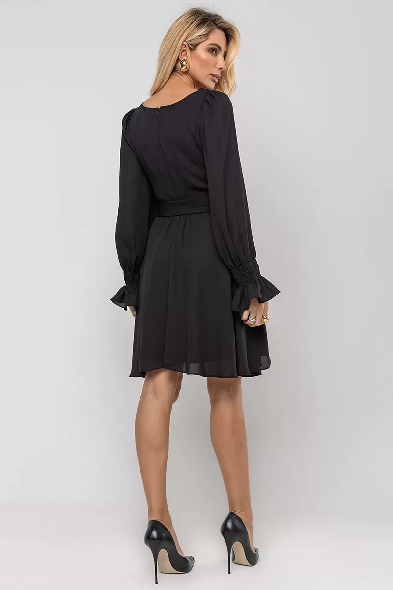 Miss Misses - Hortensia Short Crepe Long Sleeve Dress with Black Belt - 54570001 Miss Misses - Hortensia Short Crepe Long Sleeve Dress with Black Belt - 54570001