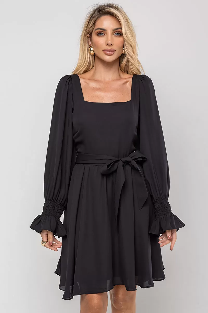 Miss Misses - Hortensia Short Crepe Long Sleeve Dress with Black Belt - 54570001 Miss Misses - Hortensia Short Crepe Long Sleeve Dress with Black Belt - 54570001