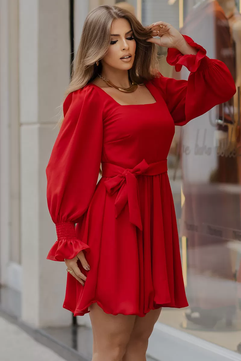 Miss Misses - Hortensia Short Crepe Long Sleeve Dress with Red Belt - 54570024 Miss Misses - Hortensia Short Crepe Long Sleeve Dress with Red Belt - 54570024