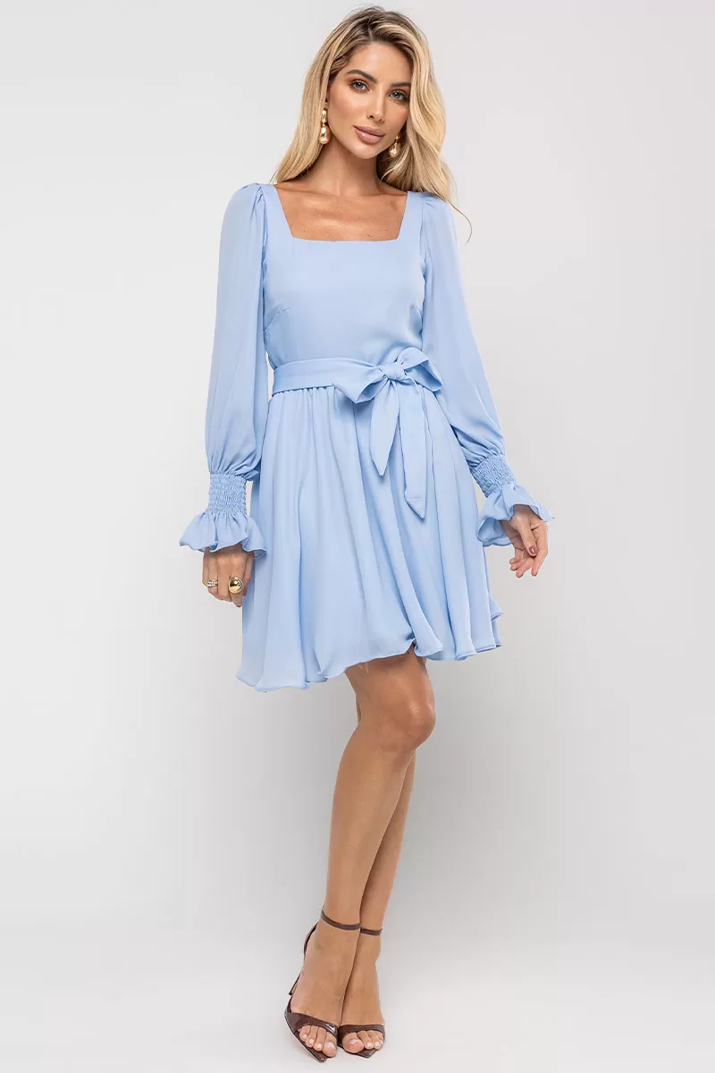 Miss Misses - Hortensia Short Crepe Long Sleeve Dress with Blue Stripe - 54570002 Miss Misses - Hortensia Short Crepe Long Sleeve Dress with Blue Stripe - 54570002