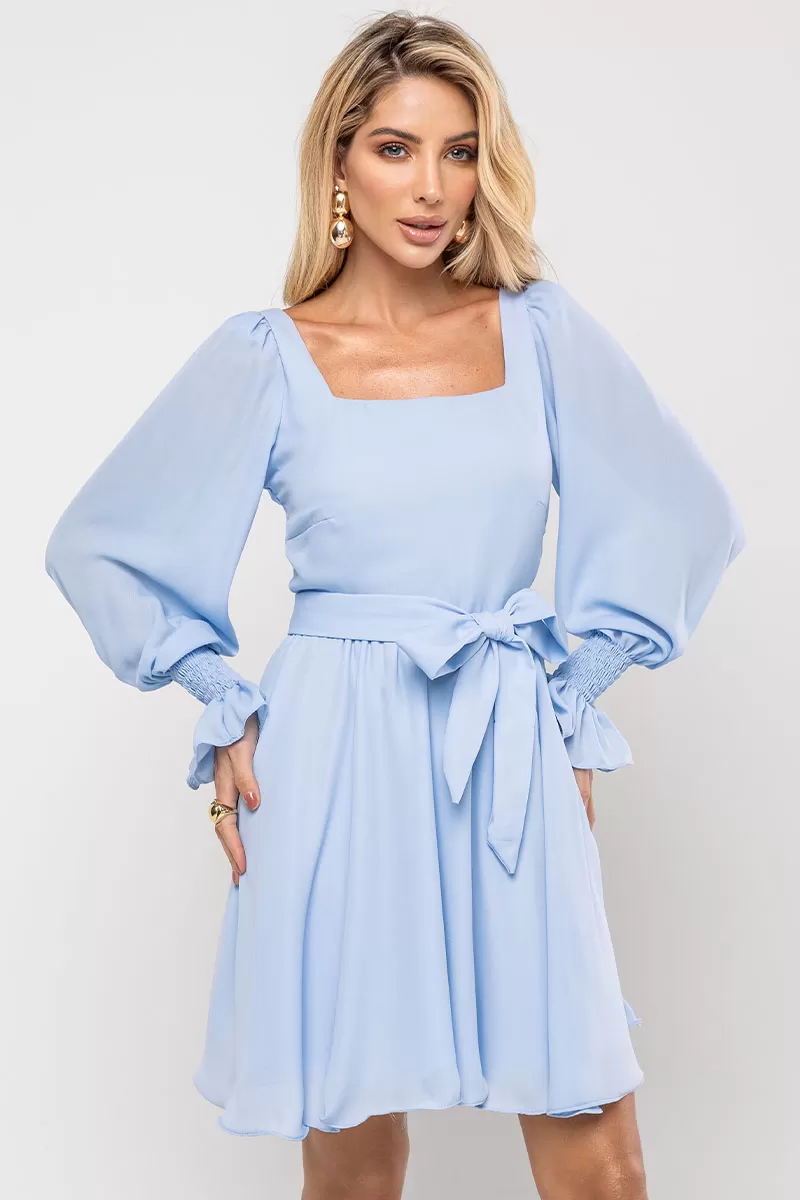 Miss Misses - Hortensia Short Crepe Long Sleeve Dress with Blue Stripe - 54570002