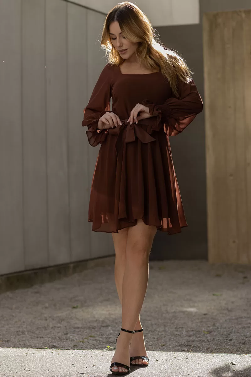 Miss Misses - Hortensia Short Crepe Long Sleeve Dress with Brown Belt - 54570214 Miss Misses - Hortensia Short Crepe Long Sleeve Dress with Brown Belt - 54570214