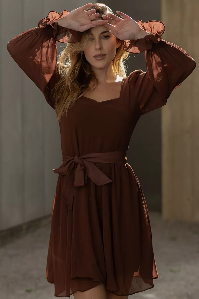 Miss Misses - Hortensia Short Crepe Long Sleeve Dress with Brown Belt - 54570214 Miss Misses - Hortensia Short Crepe Long Sleeve Dress with Brown Belt - 54570214