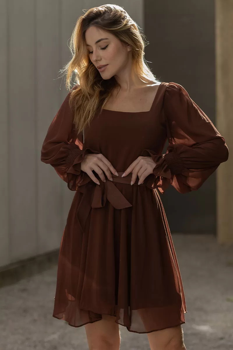 Miss Misses - Hortensia Short Crepe Long Sleeve Dress with Brown Belt - 54570214 Miss Misses - Hortensia Short Crepe Long Sleeve Dress with Brown Belt - 54570214