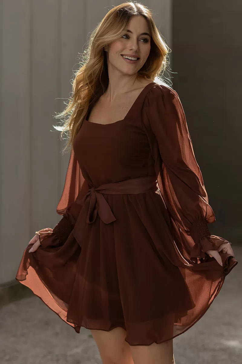 Miss Misses - Hortensia Short Crepe Long Sleeve Dress with Brown Belt - 54570214 Miss Misses - Hortensia Short Crepe Long Sleeve Dress with Brown Belt - 54570214