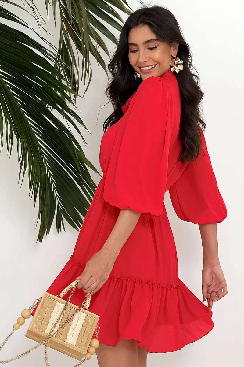 Miss Misses - Fatima Crepe Dress with EC frill/ Red Button - 54501024 Miss Misses - Fatima Crepe Dress with EC frill/ Red Button - 54501024