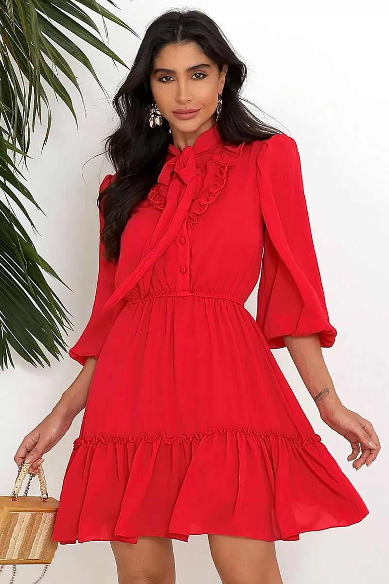 Miss Misses - Fatima Crepe Dress with EC frill/ Red Button - 54501024 Miss Misses - Fatima Crepe Dress with EC frill/ Red Button - 54501024