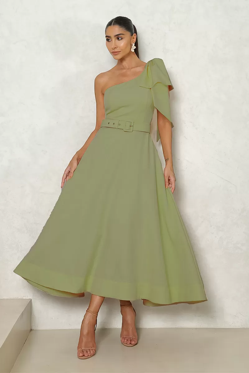 Miss Misses - Julia One Shoulder Dress with Bow EC/ Belt Green - 54384VERDE