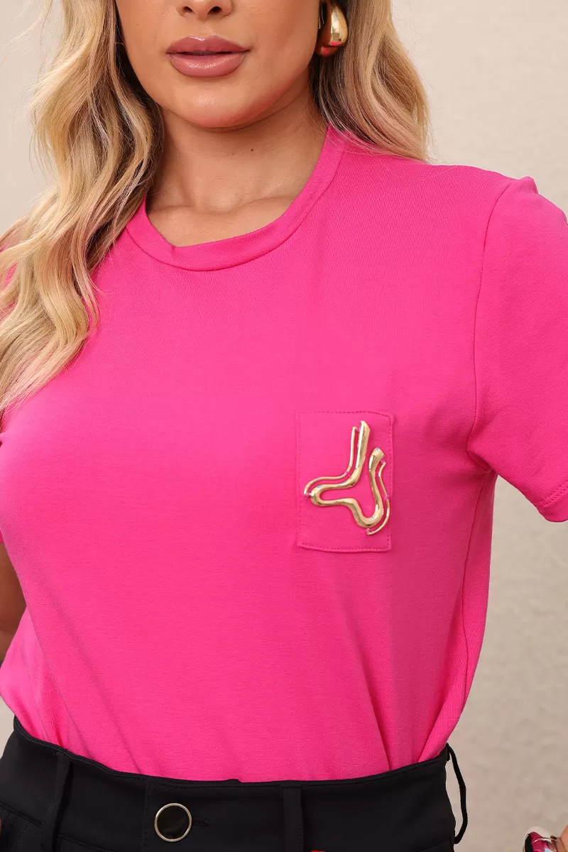 Miss Misses - Tamires Short Sleeve Shirt with Pink Metal Detail - 54600034
