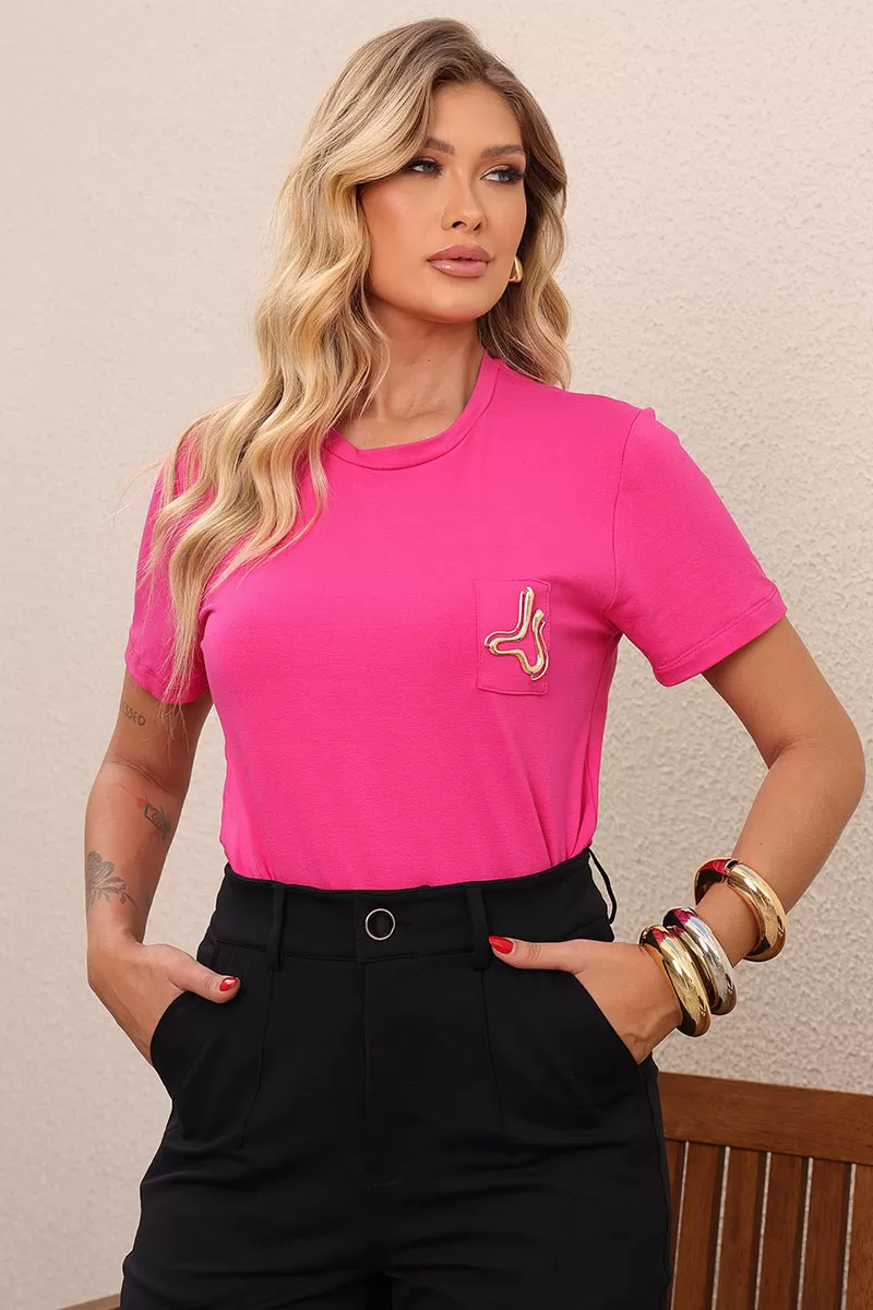 Miss Misses - Tamires Short Sleeve Shirt with Pink Metal Detail - 54600034
