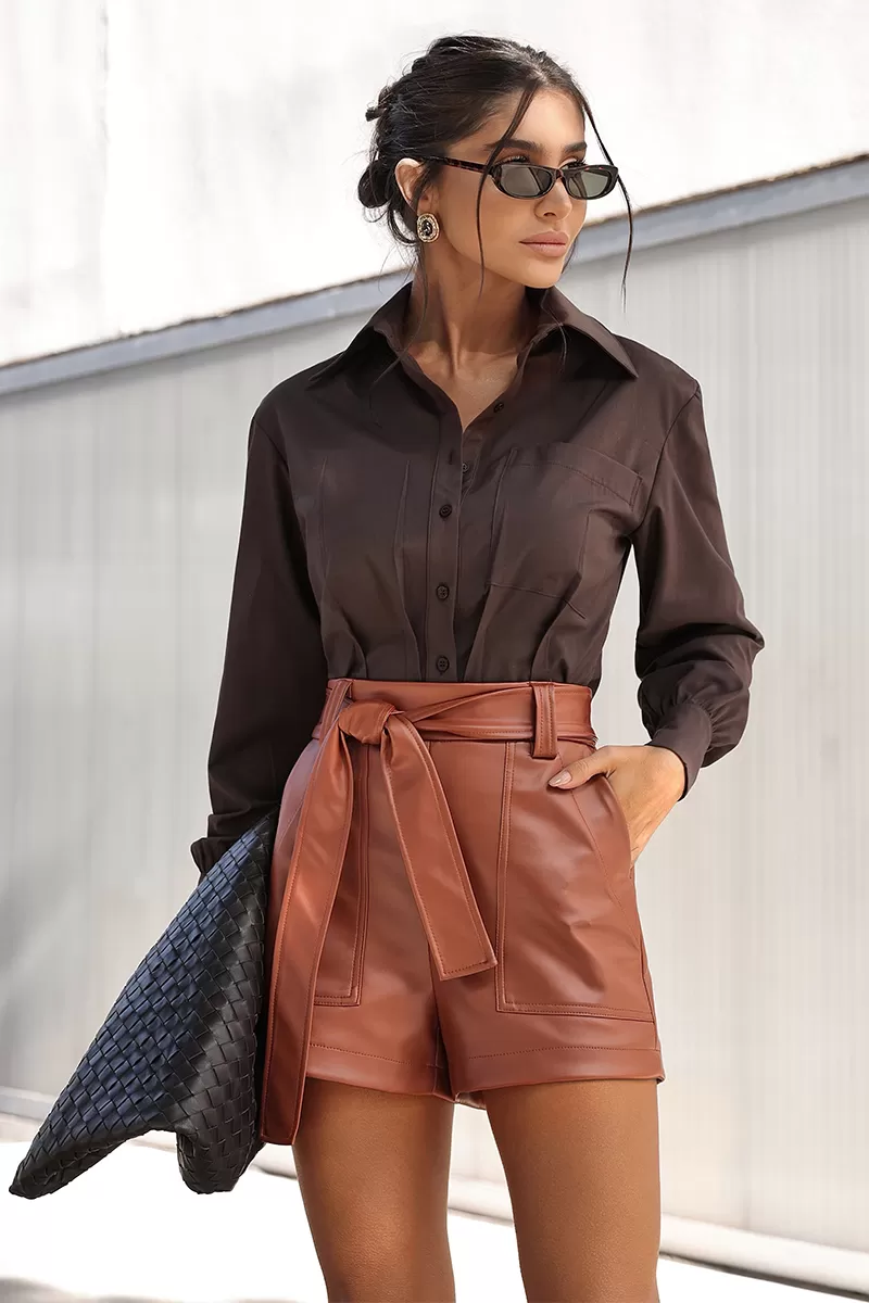Dot Clothing - Dot Clothing Leatherette Shorts with Brown Bow - 2746MARROM