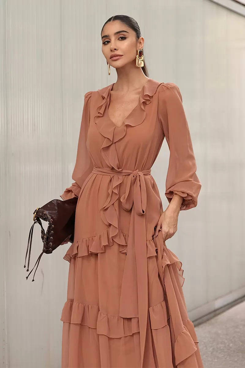 Dot Clothing - Long Dress Dot Clothing frill Beige - 2750BEGE Dot Clothing - Long Dress Dot Clothing frill Beige - 2750BEGE