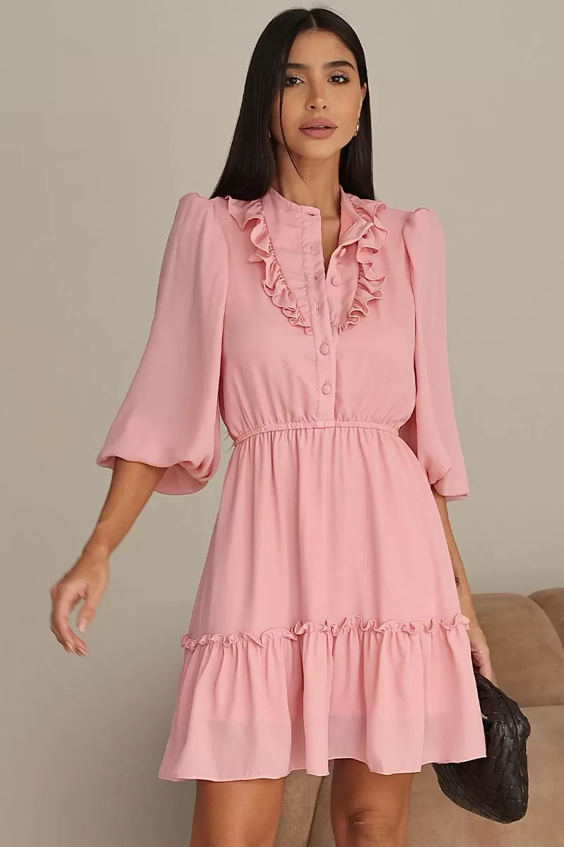 Miss Misses - Fatima Crepe Dress with EC frill/ Pink Button - 54501054 Miss Misses - Fatima Crepe Dress with EC frill/ Pink Button - 54501054